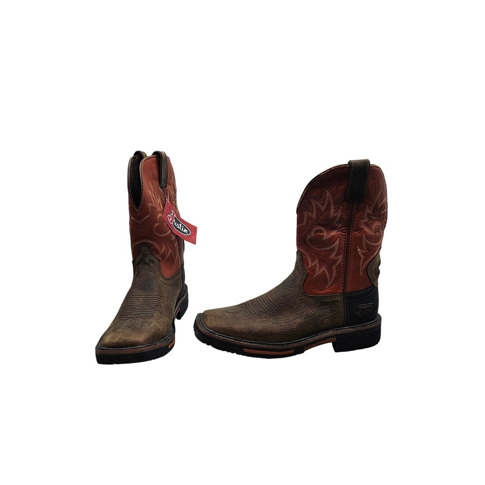 Justin Mens Stampede Rush Western Work Boots Brown Orange Square Toe SE4944 11D